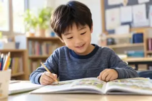 Young student learning with a picture book