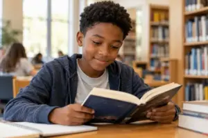 Student reading a chapter book