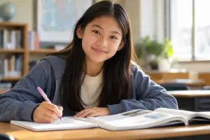 Student taking notes with a textbook