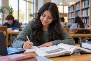 High-school student studying in a library