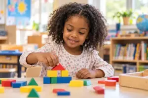 Kindergarten student exploring wooden shapes